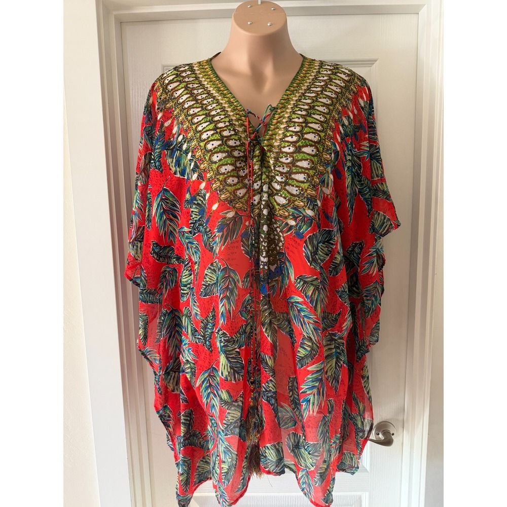 Red Multicolor Kaftan Tunic Coverup Beaded Peacock Boho Artsy Size 24